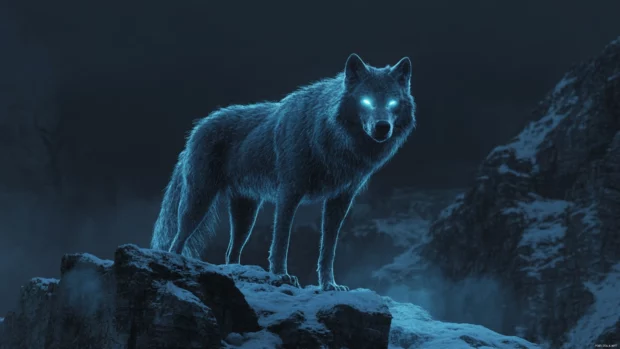 Among digital landscapes, this glowing beast in a 3D wolf wallpaper stands boldly on mountain cliffs.