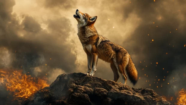 Among falling embers, a majestic red wolf howls atop a rocky cliff.