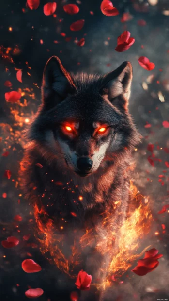 Among floating petals and fire sparks, a glowing red wolf stares forward in this red wolf wallpaper.