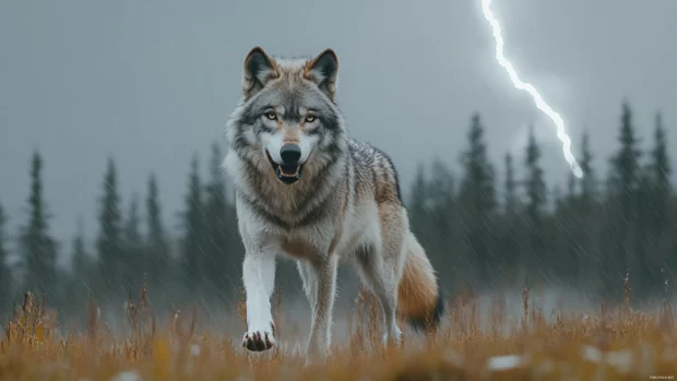 Among lightning strikes, the creature in this angry wolf wallpaper snarls at unseen danger.