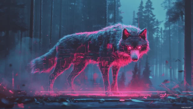 Among neon trees, a glitching wolf phases in and out of visibility.
