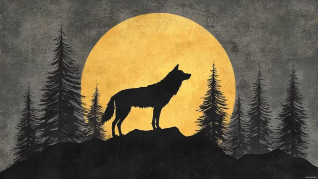 Among pine trees, a black wolf stands alert under a yellow moon in this dreamy wolf and moon wallpaper.