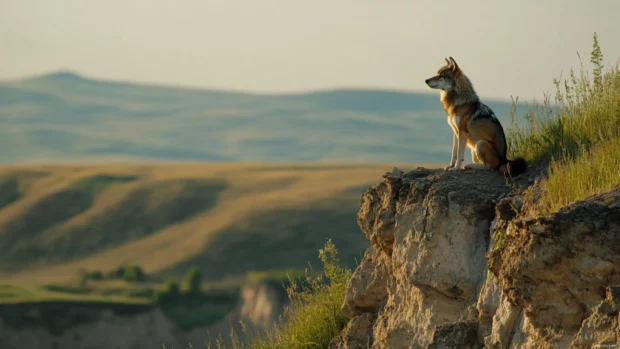 Among rugged cliffs, a wolf gazes at the valley below in this peaceful wolf wallpaper in the mountains.