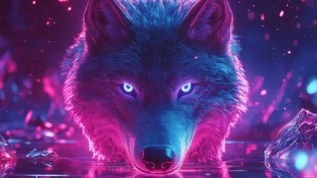 Among shattered glass and neon reflections, the wolf stands still in this glowing wolf wallpaper.