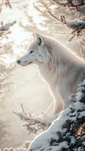 Among snow covered trees, the white wolf leaps gently through winter mist in this wallpaper.