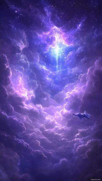 Among stars and clouds, a mythical wolf flies through a glowing sky in a beautiful wolf.