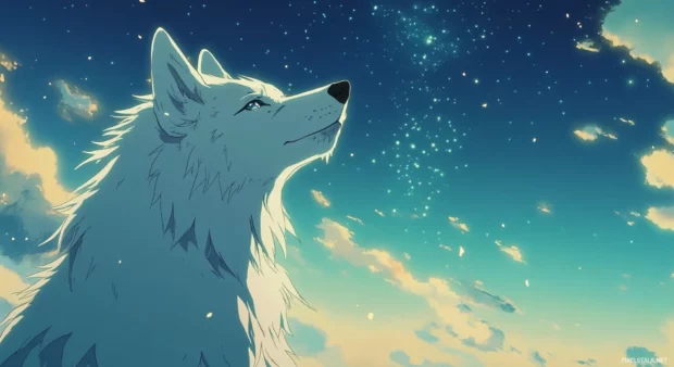 Among stars and frost, a white wolf stares into the horizon.