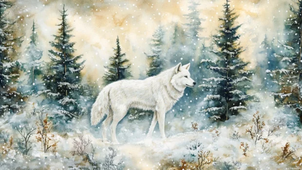 Among tall evergreens, a white wolf appears from mist as snow falls around.