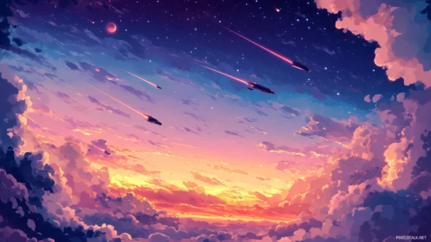 An Anime sky over a futuristic city, with glowing neon lights and large spaceships soaring above.