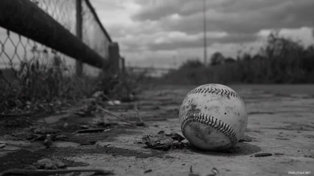 An abandoned baseball at the end of the game in grayscale.