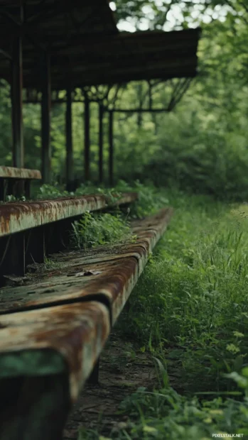 An abandoned baseball field with overgrown grass and rusted bleachers, a nostalgic and moody atmosphere .