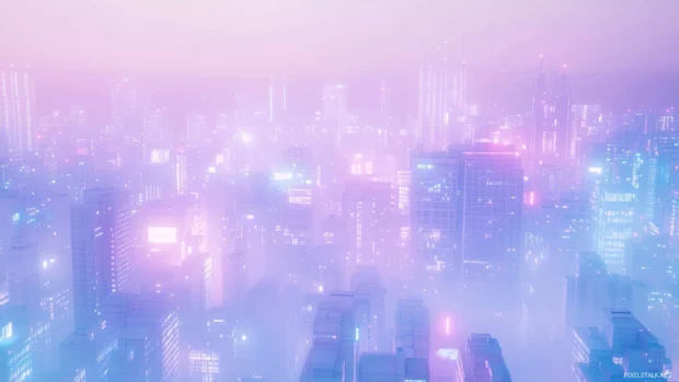 An abstract anime city view with geometric shapes and a soft, calming color gradient.