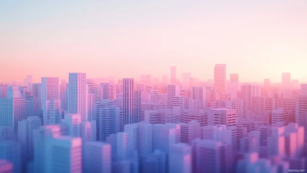 An abstract anime city with simple geometric shapes and a gradient of soothing colors.
