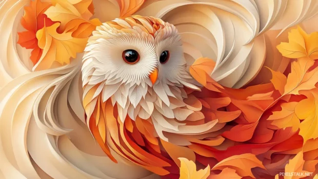 An abstract art style owl made entirely of fall leaves, wind, and color swirls.