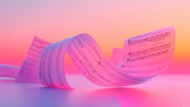 An abstract composition featuring layers of translucent sheet music floating against a gradient background, creating a sense of depth and movement, evoking the beauty of music.