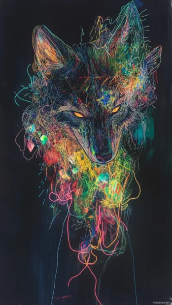 An abstract composition of a wolf head with crystal elements and neon outlines.