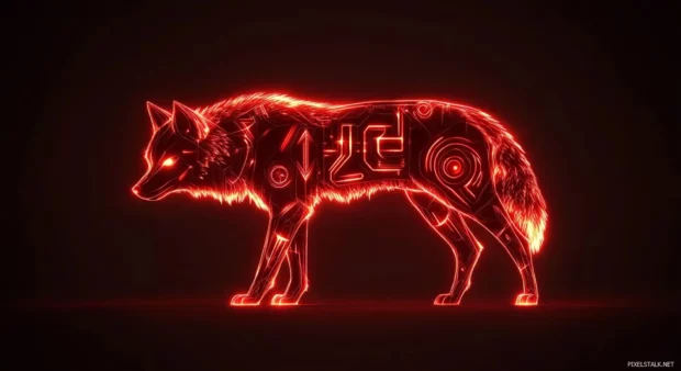 An abstract design of a red wolf silhouette outlined in glowing runes.
