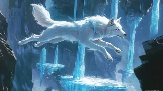 An abstract digital painting of a white wolf leaping across icy pillars suspended in air.