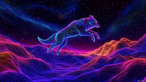 An abstract neon wolf leaping toward an aurora sky in a surreal mountain range.