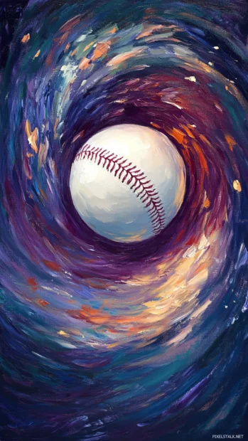 An abstract oil painting of a baseball mid air, swirling brushstrokes capturing the energy of movement.