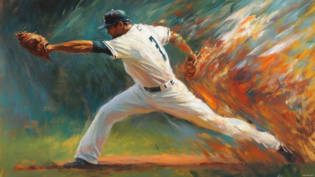 An abstract oil painting of a baseball player in mid pitch, bold brushstrokes capturing intense motion.