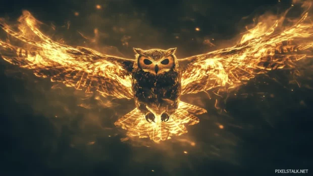 An abstract owl in mid turn, wings traced with glowing lines and soft auroras.