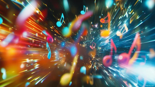 An abstract shot of colorful musical notes floating in the air, surrounded by swirling light trails and soft bokeh effects.