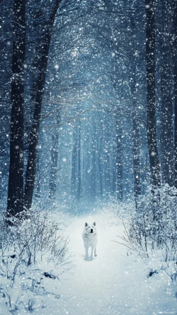An abstract silhouette of a white wolf standing in the middle of a snowy forest path.