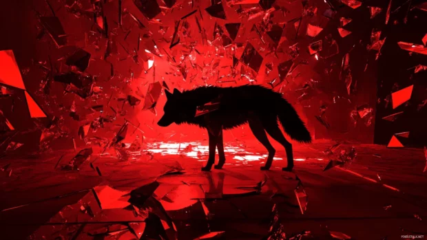 An abstract silhouette of a wolf surrounded by shattered glass and red light.