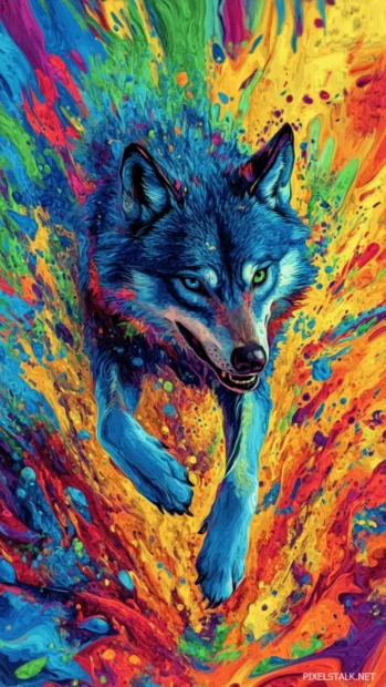 An abstract splash art of a blue wolf racing across a field of color.