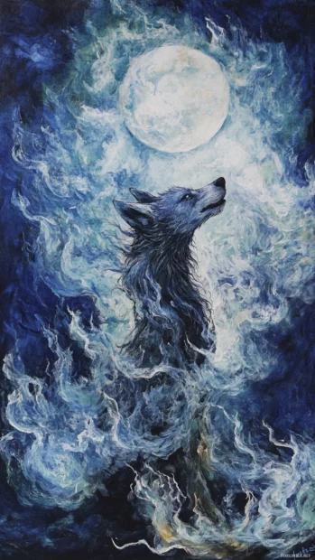 An abstract vertical design where a glowing moon forms behind the wolf raised head.