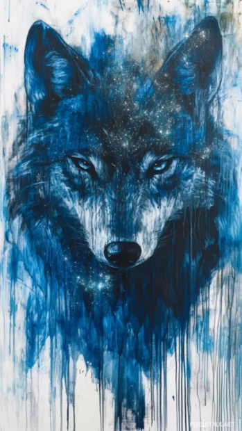 An abstract wolf painted in blues and blacks with star trails across its body.