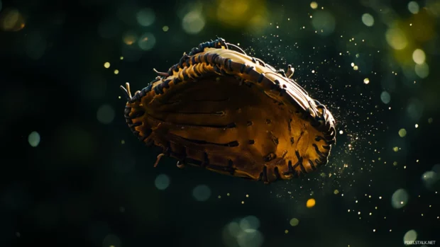 An action scene showing a glove mid air during a dive catch, High resolution baseball glove photo wallpaper.