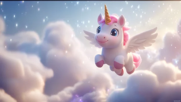 An adorable unicorn flying through sparkling skies in a magical cute unicorn wallpaper scene.