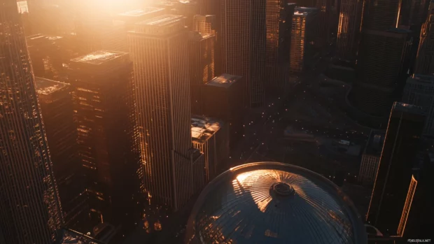 An aerial perspective of Chicago skyline in daylight, emphasizing modern architecture and the bustling city life.