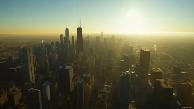 An aerial shot of the Chicago skyline, focusing on modern architecture and vibrant city life in daylight.