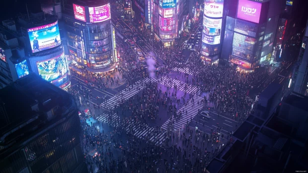 An aerial view of Shibuya Crossing with bustling crowds, glowing billboards, and vibrant city lights, showcasing Tokyo's energy.