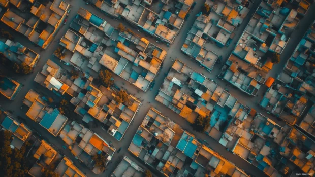 An aerial view of a dense cityscape with intricate grid patterns of streets and buildings.