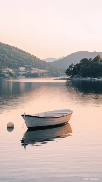An aesthetic beach at sunrise with pastel colors reflecting on calm waters.