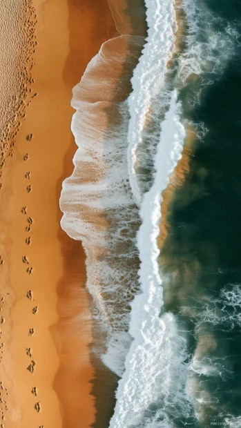 An aesthetic beach scene with delicate footprints in the sand, leading to the water edge.