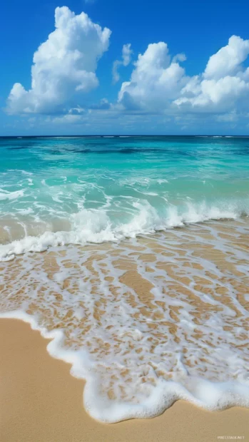 An aesthetic beach with crystal clear waters, smooth sand, and gentle waves.