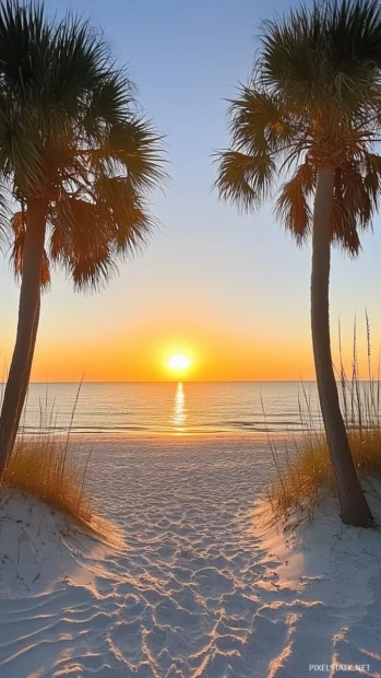 An aesthetic beach with tall, swaying grasses and a warm, golden sunset.