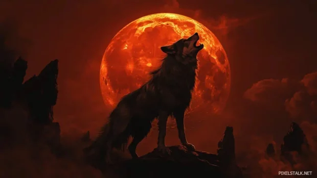 An alpha wolf howling in front of a blood moon with wind swept fur and sharp claws, great for a cool wolf background.