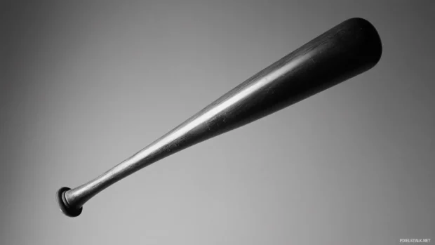An aluminum baseball bat in mid air during a swing.