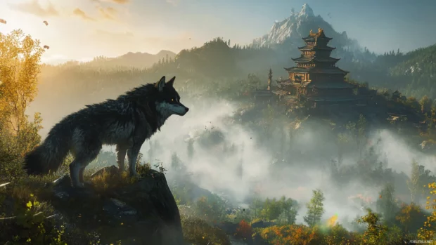 An ancient mountaintop temple glows as a guardian wolf approaches from the mist.