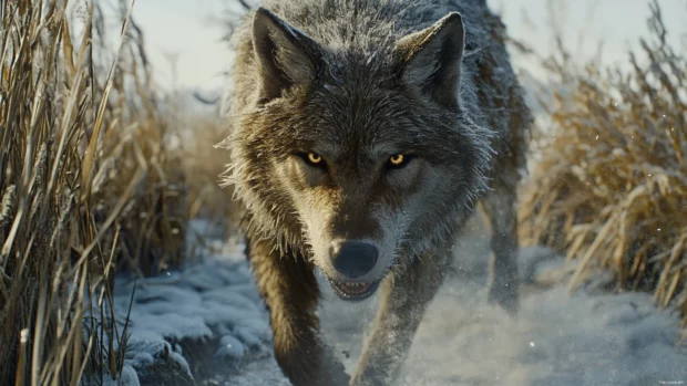 An angry wolf wallpaper with realistic fur detail and visible breath in freezing conditions.