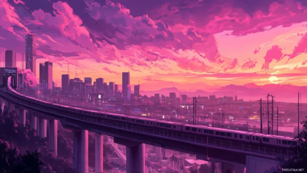An anime city wallpaper with a focus on elegant lines and soft, blended colors.