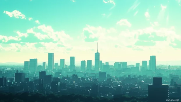 An anime cityscape with a focus on subtle details and muted colors for a relaxed atmosphere.