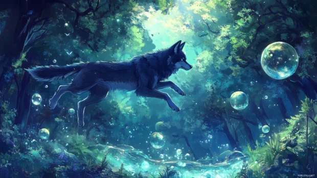 An anime style wolf leaping toward the sky in a dreamlike forest filled with floating orbs.