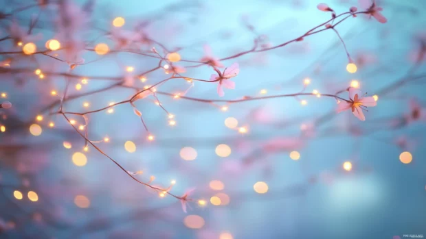 An array of glowing fairy lights in pastel hues, delicately arranged against a blurred soft focus background.